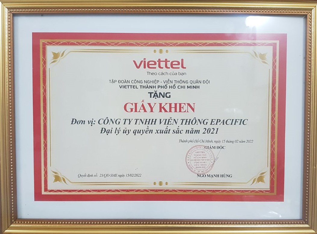 Giấy khen Đại lý xuất sắc của Viettel